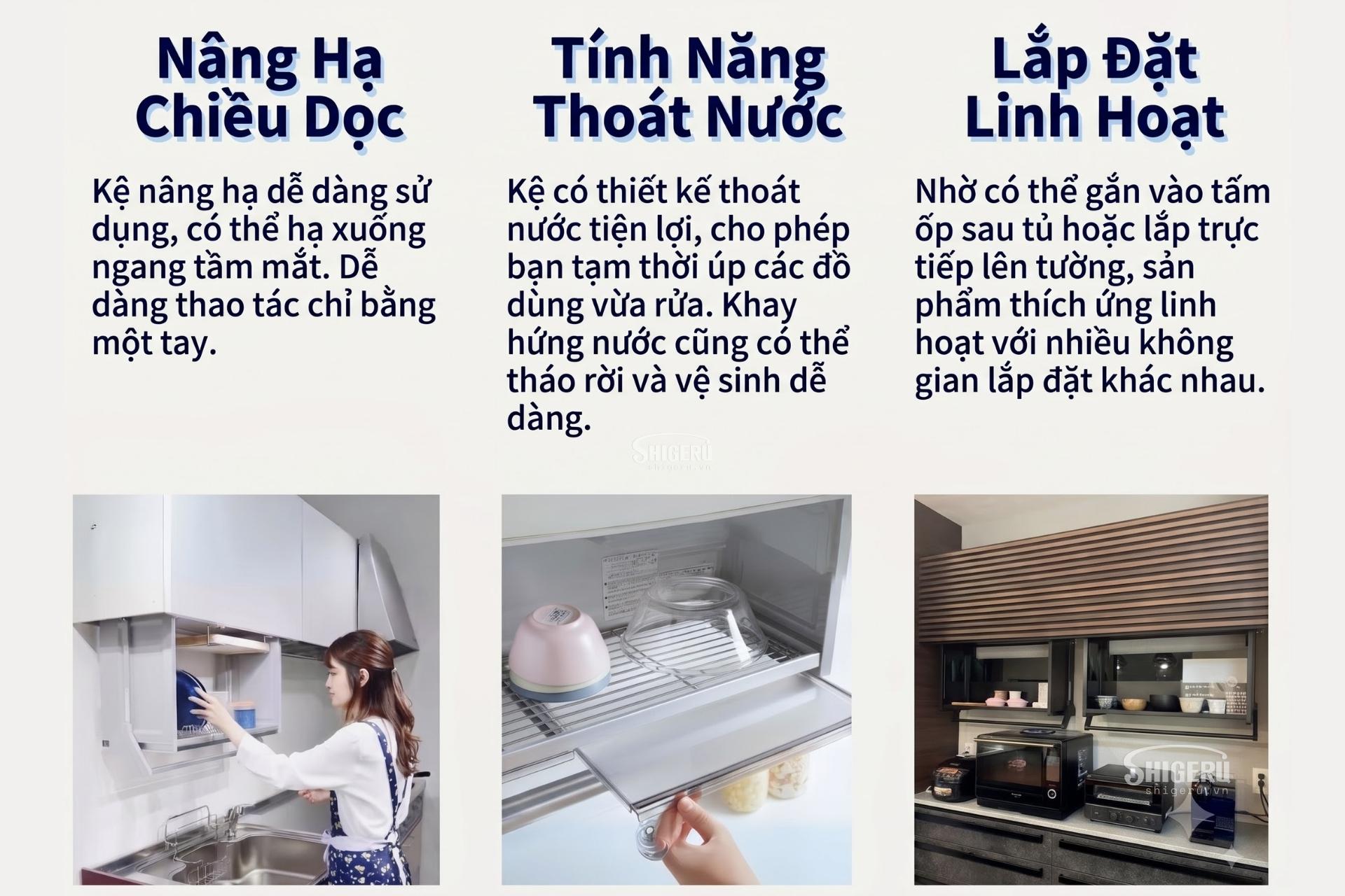 Chức Năng Kệ Ch&eacute;n N&acirc;ng Hạ Thẳng Đứng Nhập Khẩu Nhật Bản